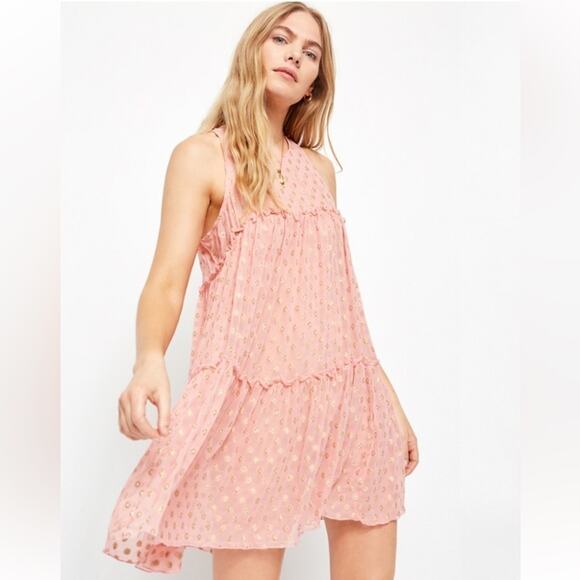 FREE PEOPLE SOPHIA TIERED SLIP DRESS OPEN BACK PINK GOLD POLKA DOTS XS - Picture 1 of 7